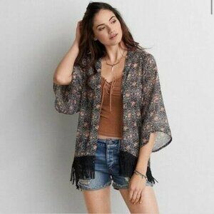 American Eagle Womens Floral Kimono With Fringe Hem L, XL Boho Style